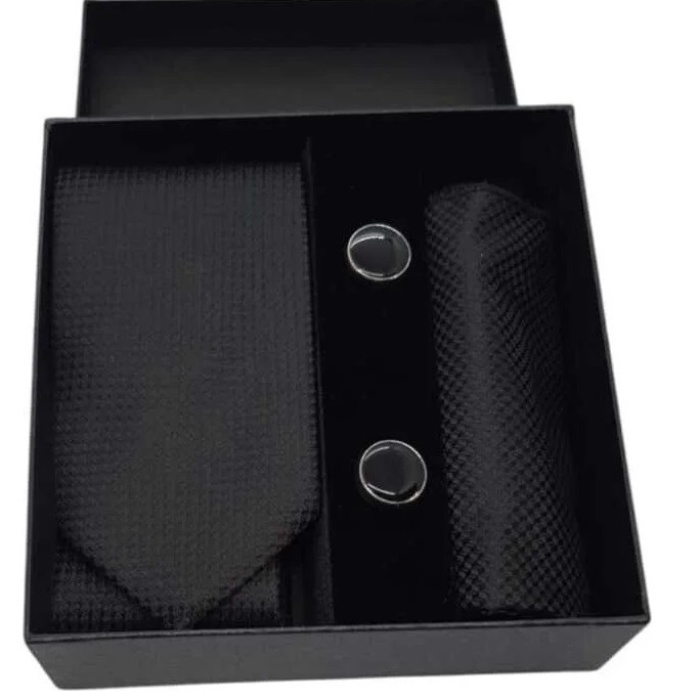 Biyomak® Kravat Düğme Set Siyah Desenli Kravat Mendil Kol Düğmesi Özel Set