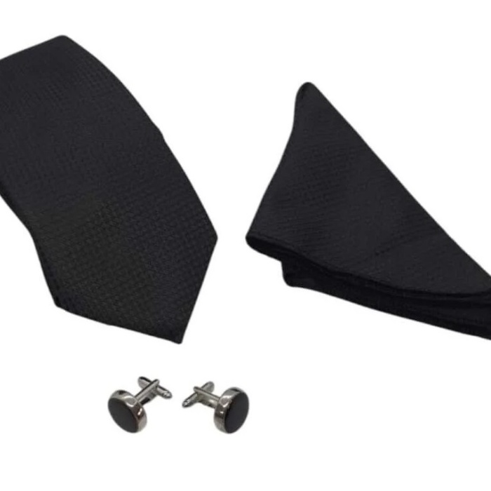 Biyomak® Kravat Düğme Set Siyah Desenli Kravat Mendil Kol Düğmesi Özel Set