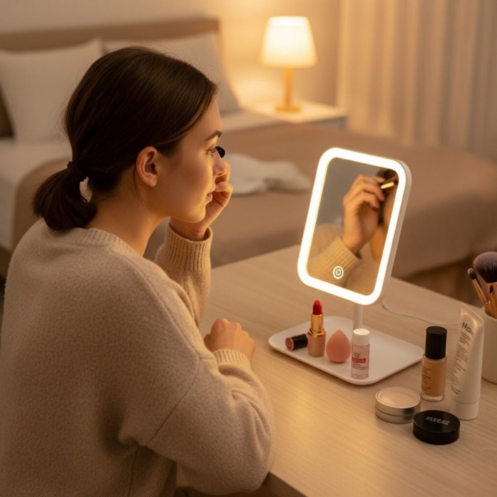 Biyomak®  Dokunmatik LED Işıklı Kare Makyaj Aynası – Altı Organizer Kaseli, Ayarlanabilir Aydınlatmalı Masaüstü Makyaj ve Cilt Bakım Aynası