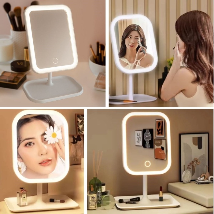 Biyomak®  Dokunmatik LED Işıklı Kare Makyaj Aynası – Altı Organizer Kaseli, Ayarlanabilir Aydınlatmalı Masaüstü Makyaj ve Cilt Bakım Aynası