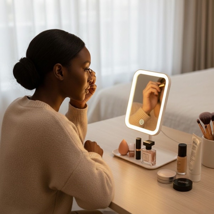 Biyomak®  Dokunmatik LED Işıklı Kare Makyaj Aynası – Altı Organizer Kaseli, Ayarlanabilir Aydınlatmalı Masaüstü Makyaj ve Cilt Bakım Aynası