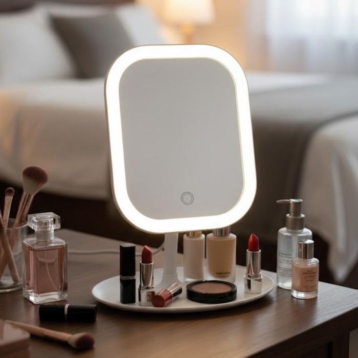 Biyomak®  Dokunmatik LED Işıklı Kare Makyaj Aynası – Altı Organizer Kaseli, Ayarlanabilir Aydınlatmalı Masaüstü Makyaj ve Cilt Bakım Aynası