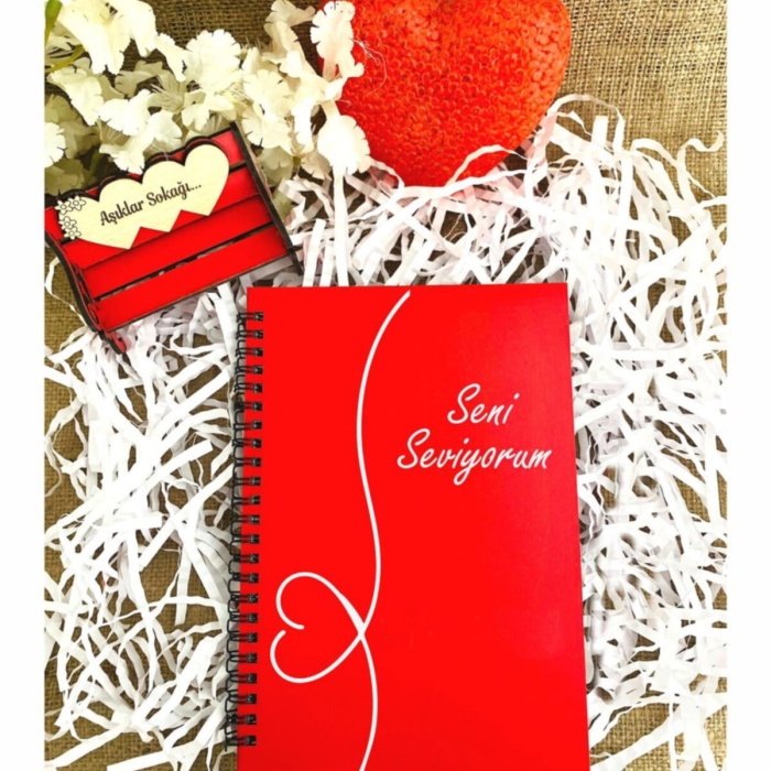 Biyomak® Sevgililer Günü Seni Seviyorum Yazılı Ahşap Defter Kalem Seti - Kırmızı