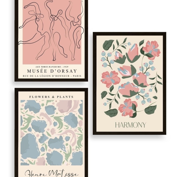 Biyomak® Ünlü Tablolar Üçlü Ahşap Çerçeveli Tablo