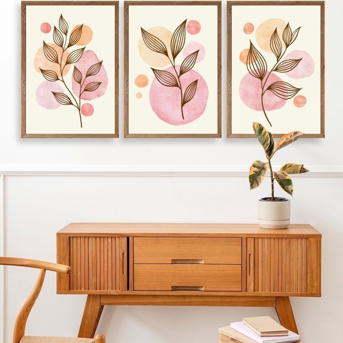 Biyomak® Çiçek Desenli Üçlü Ahşap Çerçeveli Tablo