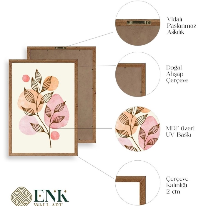 Biyomak® Çiçek Desenli Üçlü Ahşap Çerçeveli Tablo