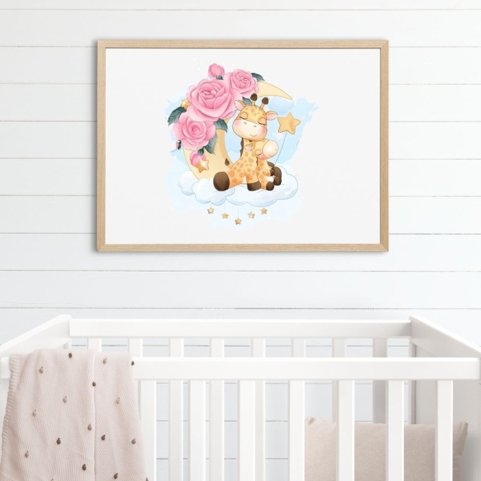 Biyomak® Ahşap Zürafa Baskılı Bebek Odası Çerçeveli Tablo - Naturel