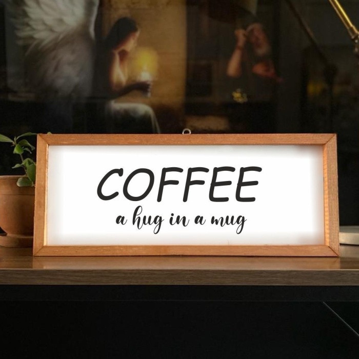 Biyomak® Kahve Köşesi Coffee A Hug In A Mug Ahşap Çerçeve - Beyaz 17*42