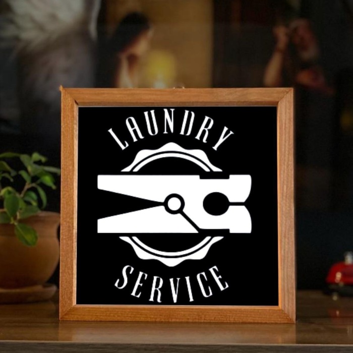 Biyomak® Banyo Laundry Service Siyah Zemin Ahşap Çerçeve