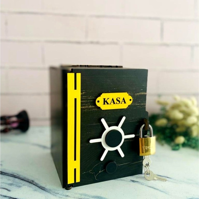 Biyomak® Ahşap Kutu Kasa Kumbara Kilitli Eskitme