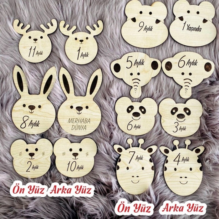 Biyomak® Sevimli Hayvanlar Ahşap Çift Taraflı Aylık Bebek Kartlar