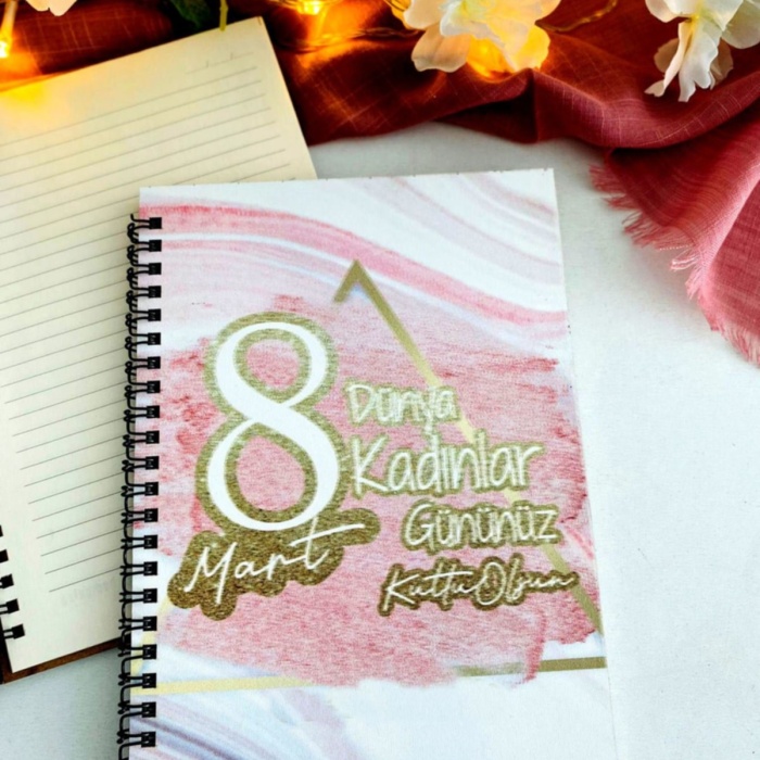 Biyomak® Kadınlar Günü Pembe Gold Baskılı Ahşap Defter