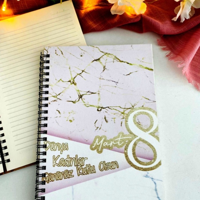 Biyomak® Kadınlar Günü Pembe Gold Mermer Desen Baskılı Ahşap Defter