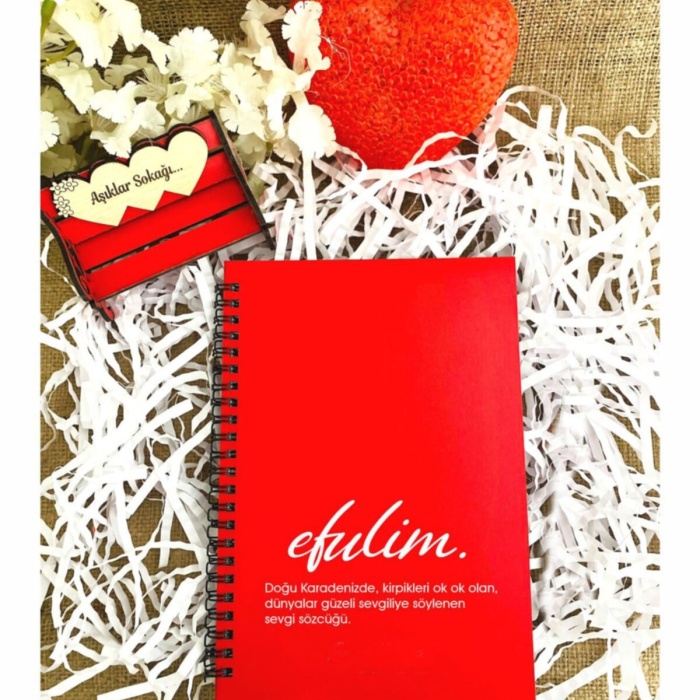 Biyomak® Sevgililer Günü Efulim Baskılı Ahşap Defter - Kırmızı