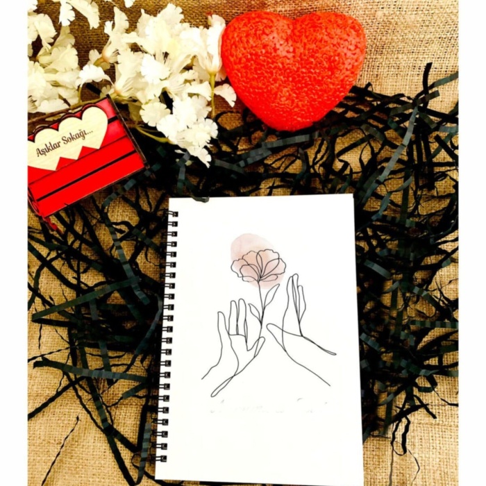 Biyomak® Sevgililer Günü Çiçekli El Desen Baskılı Ahşap Defter - Beyaz