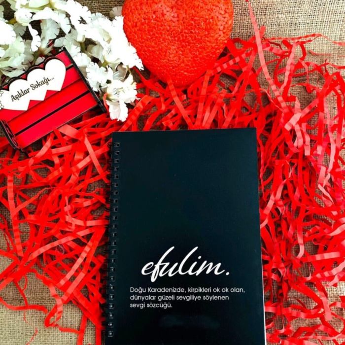 Biyomak® Sevgililer Günü Efulim Baskılı Ahşap Defter - Siyah