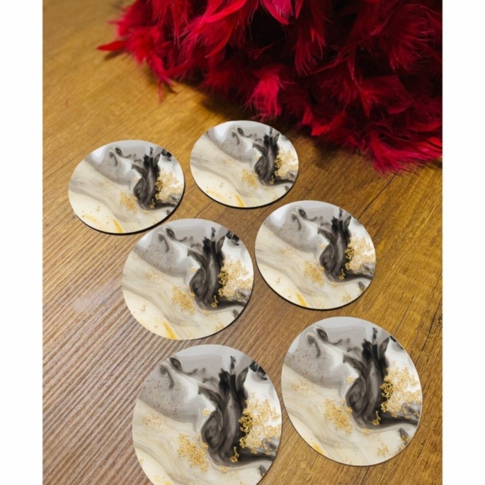 Biyomak® 6 Parça Siyah Gold Mermer Ahşap Bardak Altlığı