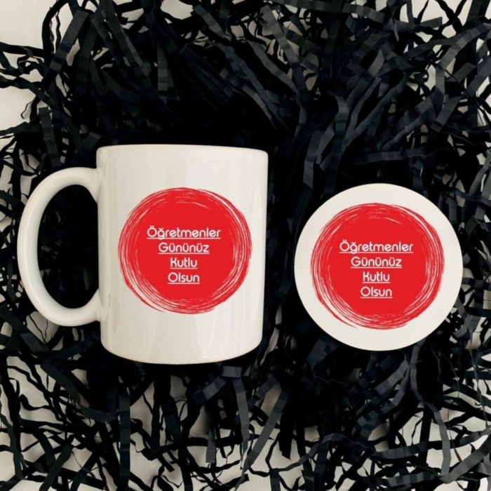 Biyomak® Öğretmenler Günü Kupa ve Ahşap Bardak Altlığı Seti -Kırmızı
