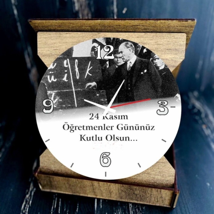 Biyomak® Öğretmenler Günü Atatürk Resimli Ahşap Dekor I Karikatürlü Masa Saati