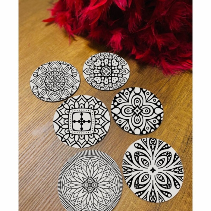 Biyomak® 6 Parça Siyah-beyaz Ahşap Bardak Altlığı