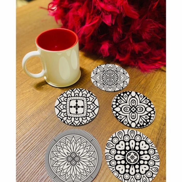 Biyomak® 6 Parça Siyah-beyaz Ahşap Bardak Altlığı