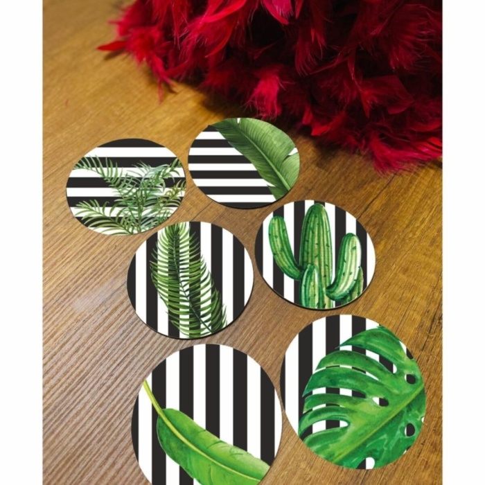 Biyomak® 6 Parça Yeşil Yapraklı Ahşap Bardak Altlığı