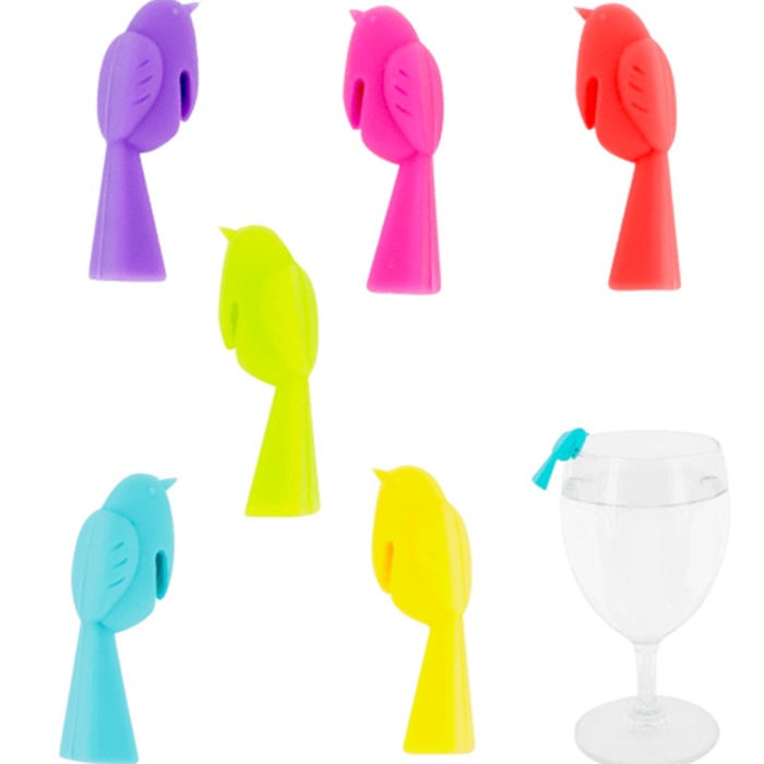 Biyomak® Rengarenk Silikon Kuşlu Bardak Ayırıcı İşaretleyici 6 lı Set