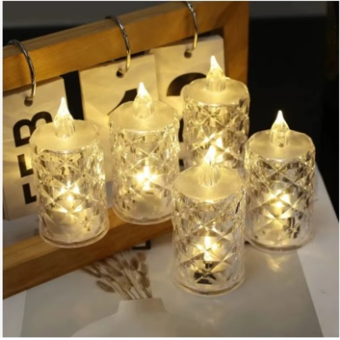 Biyomak® Led Mum Şeffaf Kristal LED Mum Pilli Alevsiz Çay Mumu Düğün Doğum Günü Ortam Işığı Midi
