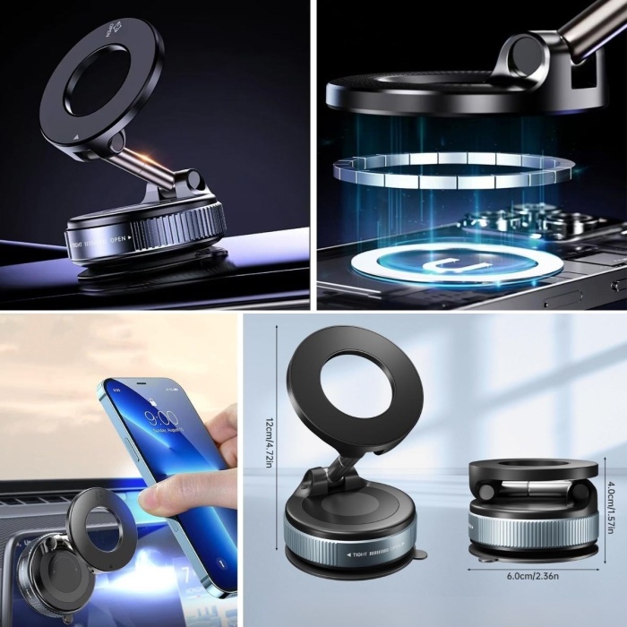 ® 360° Döner Başlıklı Vakumlu Emişli Manyetik Telefon Tutucu – Güçlü Mıknatıslı, İz Bırakmaz