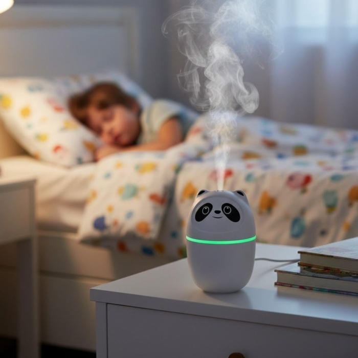 ® Sevimli Panda Figürlü Hava Nemlendirici – Ultrasonik Soğuk Buhar Makinesi, LED Işıklı Masaüstü Oda Nemlendirici