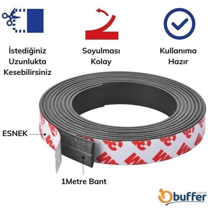 ® Yapışkanlı Şerit Mıknatıs Magnet Kes Kullan Güçlü Sağlam Rulo Çıkarılması Kolay Siyah 2cm x 1 mt