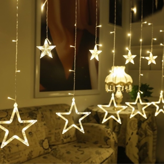 ® Kumandalı Yıldız Figürlü 12 Sarkıtlı 120 LED Uzaktan Kumandalı Dekor Işık Masaüstü ve Ortam Aydınlatması