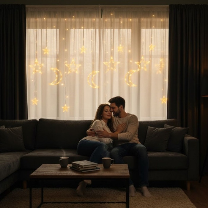 ® Ay ve Yıldız Figürlü Kumandalı 12 Sarkıtlı 120 LED Dekor Işık – Dekoratif Ortam ve Masaüstü Aydınlatması