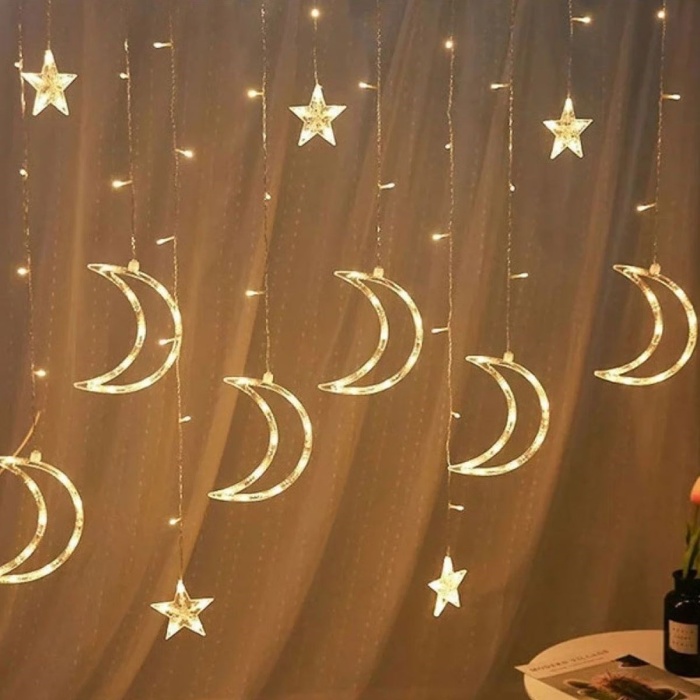 ® Ay ve Yıldız Figürlü Kumandalı 12 Sarkıtlı 120 LED Dekor Işık – Dekoratif Ortam ve Masaüstü Aydınlatması