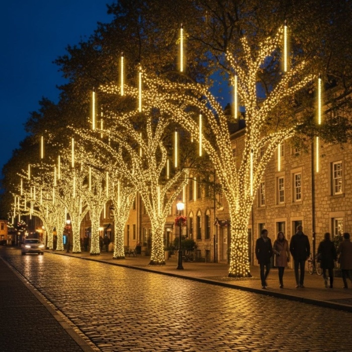 ® 10lu 45 cm Plastik Meteor LED USB 2M Kablo Sarı Renk Ağaç Işığı Renk Değiştiren Asmalı Dekoratif Bahçe ve Dış Mekan Aydınlatması