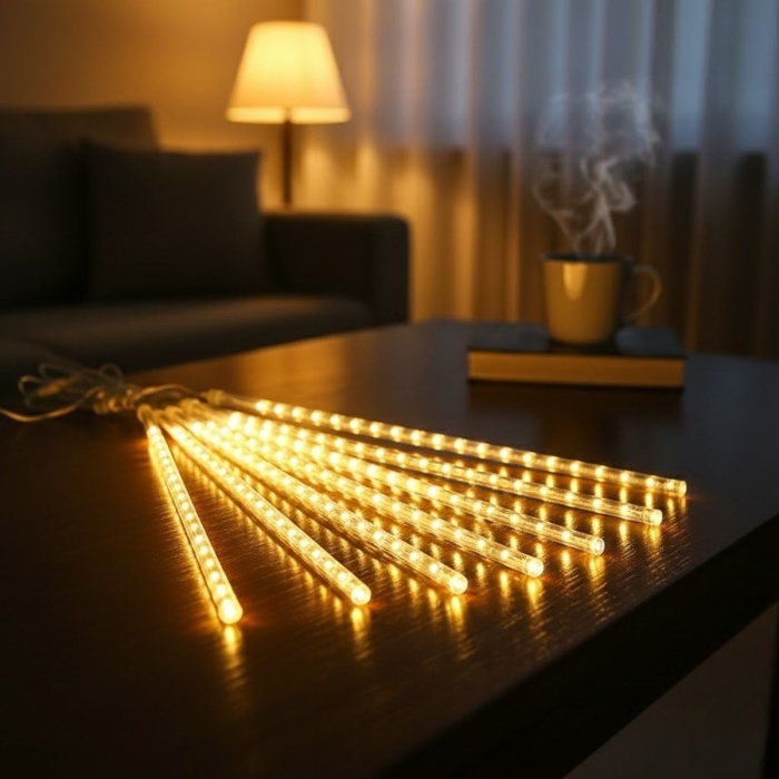 ® 10lu 45 cm Plastik Meteor LED USB 2M Kablo Sarı Renk Ağaç Işığı Renk Değiştiren Asmalı Dekoratif Bahçe ve Dış Mekan Aydınlatması