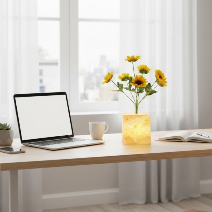 ® Işıklı Yapay Çiçek Sarı Saksılı LED Dekoratif Bitki Masaüstü ve Ev Ofis Aydınlatmalı Süs Bitkisi