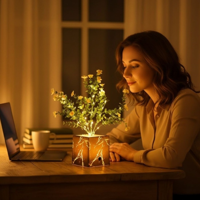 ® Işıklı Yapay Çiçek Siyah Saksılı LED Dekoratif Bitki Masaüstü ve Ev Ofis Aydınlatmalı Süs Bitkisi