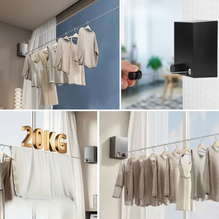 ® Teleskopik Çamaşır Kurutma Askısı, Pratik Geri Çekilebilir Çamaşır İpi