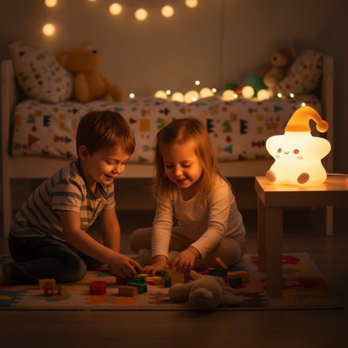 ® Yıldız Figürlü Pofuduk LED Gece Lambası – Yumuşak Dokulu Masaüstü Aydınlatma, Çocuk Odası ve Dekoratif Şarjlı Ortam Işığı