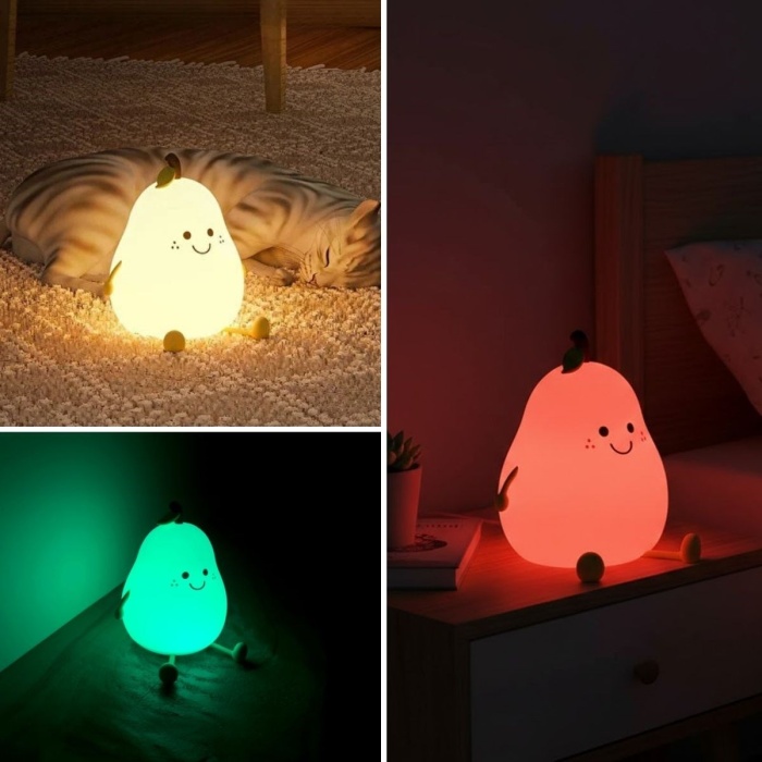 ® 5 Farklı Renk Modlu Armut Figürlü Pofuduk LED Gece Lambası–Yumuşak Dokulu Çocuk Odası ve Dekoratif Şarjlı Ortam Işığı