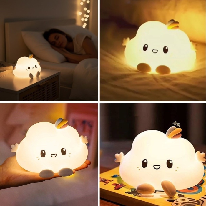 ® 5 Farklı Renk Modlu Bulut Figürlü Pofuduk LED Gece Lambası–Yumuşak Dokulu Çocuk Odası ve Dekoratif Şarjlı Ortam Işığı