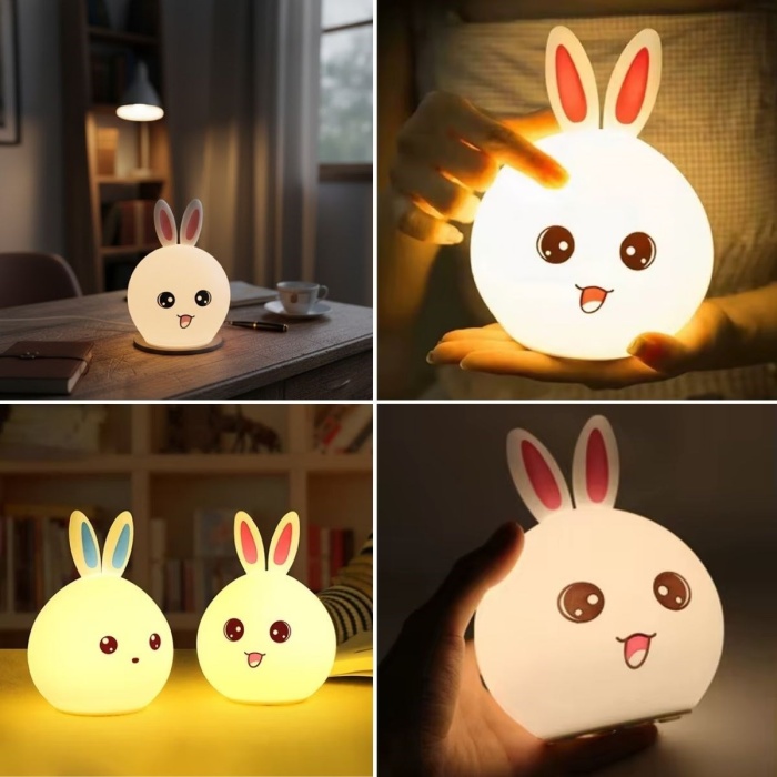 ® 5 Farklı Renk Modlu Tavşan Figürlü Pofuduk LED Gece Lambası–Yumuşak Dokulu Çocuk Odası ve Dekoratif Şarjlı Ortam Işığı
