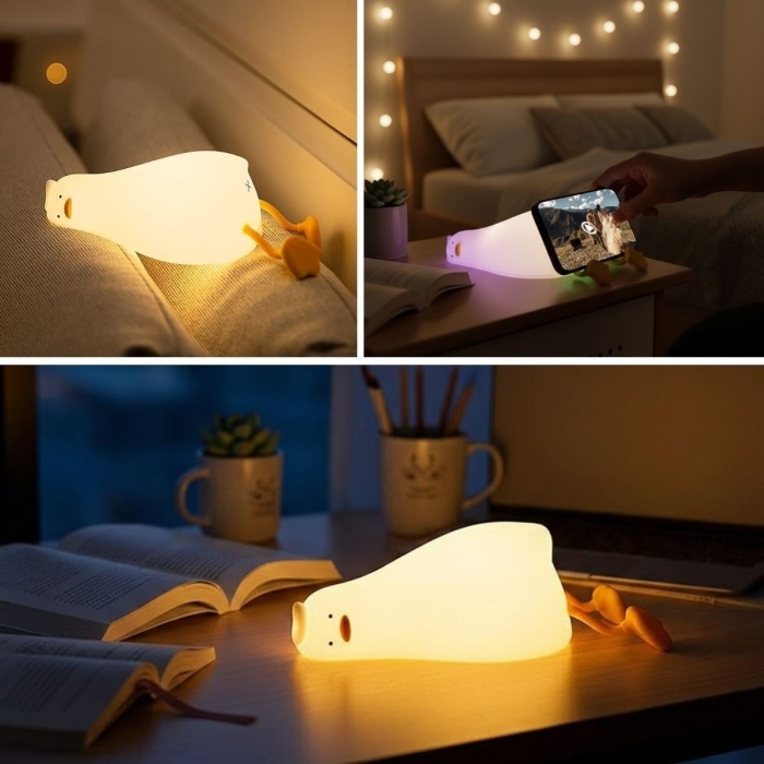 ® 5 Farklı Renk Modlu Tembel Ördek Figürlü Pofuduk LED Gece Lambası–Yumuşak Dokulu Çocuk Odası ve Dekoratif Şarjlı Ortam Işığı
