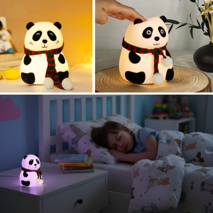 ® 5 Farklı Renk Modlu Panda Figürlü Pofuduk LED Gece Lambası–Yumuşak Dokulu Çocuk Odası ve Dekoratif Şarjlı Ortam Işığı