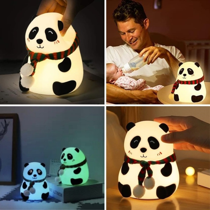 ® 5 Farklı Renk Modlu Panda Figürlü Pofuduk LED Gece Lambası–Yumuşak Dokulu Çocuk Odası ve Dekoratif Şarjlı Ortam Işığı