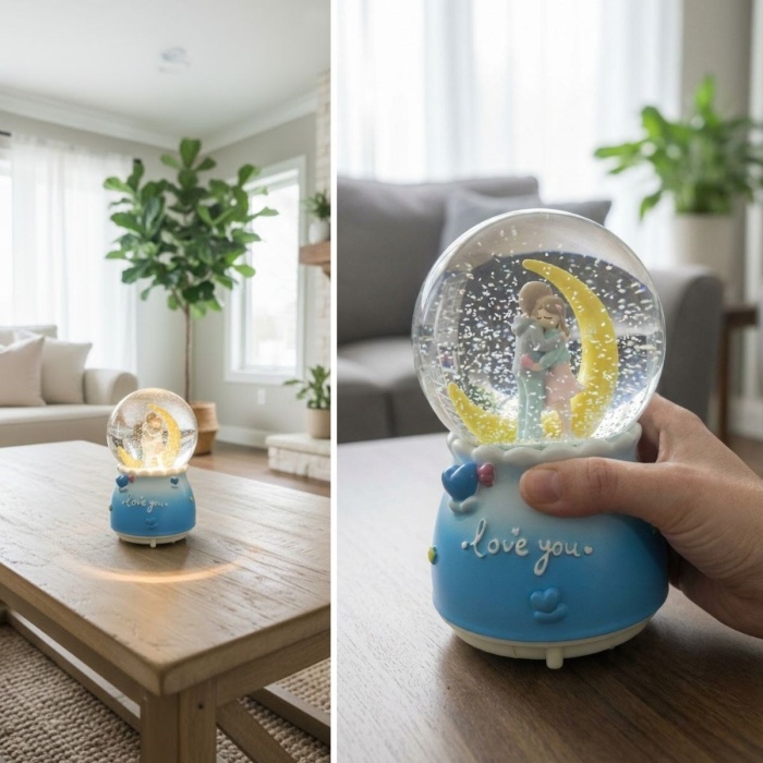 ® Pilli Işıklı Müzikli Kar Küresi–Hilal Ay Figürlü Romantik Masaüstü Biblo, LED Aydınlatmalı Dekoratif Hediyelik Kar Küresi