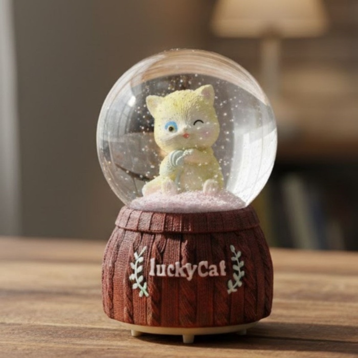 ® Pilli Işıklı Müzikli Kar Küresi–Şanslı Kedi Figürlü Eğlenceli Masaüstü Biblo, LED Aydınlatmalı Dekoratif Hediyelik Kar Küresi