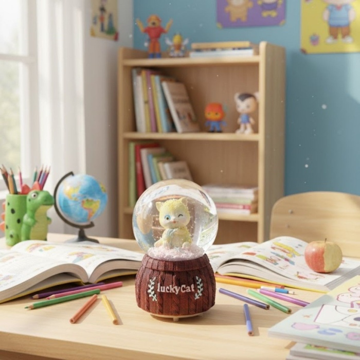 ® Pilli Işıklı Müzikli Kar Küresi–Şanslı Kedi Figürlü Eğlenceli Masaüstü Biblo, LED Aydınlatmalı Dekoratif Hediyelik Kar Küresi