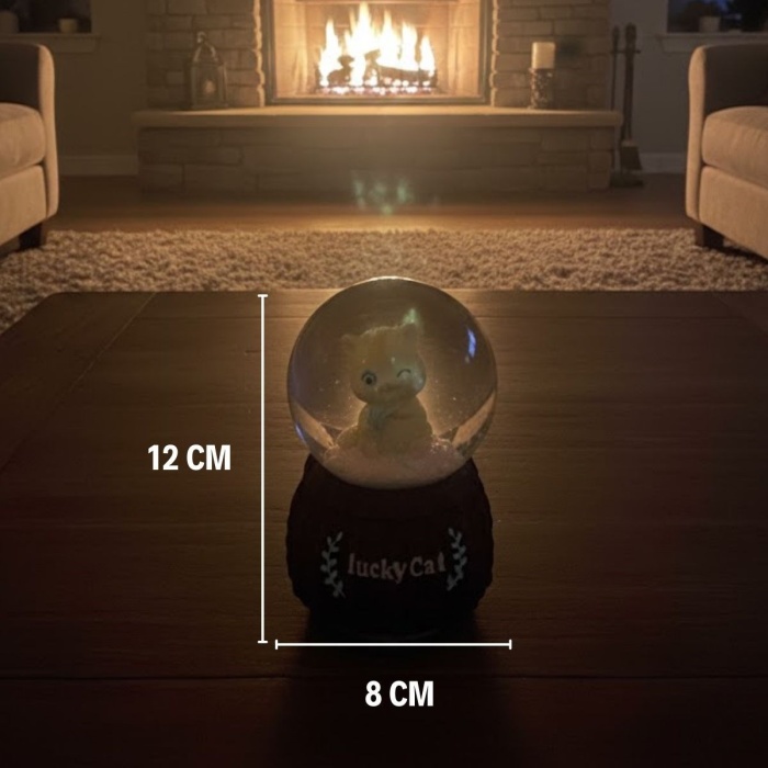 ® Pilli Işıklı Müzikli Kar Küresi–Şanslı Kedi Figürlü Eğlenceli Masaüstü Biblo, LED Aydınlatmalı Dekoratif Hediyelik Kar Küresi